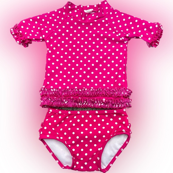 RuffleButts Baby Toddler Girls Rash Guard Short Sleeve 2-pc Swimsuit, 6-12 mos - Picture 2 of 5